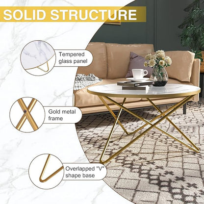 HLR Round Coffee Table with White Faux Marble Top