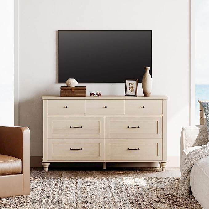 WAMPAT Beige 7 Drawers Dresser for Bedroom, Wide Chest of Drawers Kids Dresser