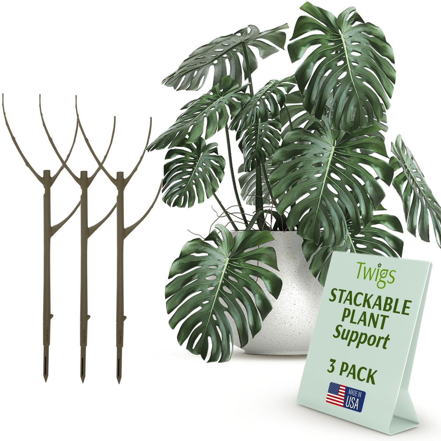 Twigs GA - Stackable Plant Support Stakes, Indoor & Outdoor Houseplant Stem Support, Garden Accessories, Durable Trellis Alternative for Climbing & Potted Plants - Moonstone, 3 Pack, 17" L