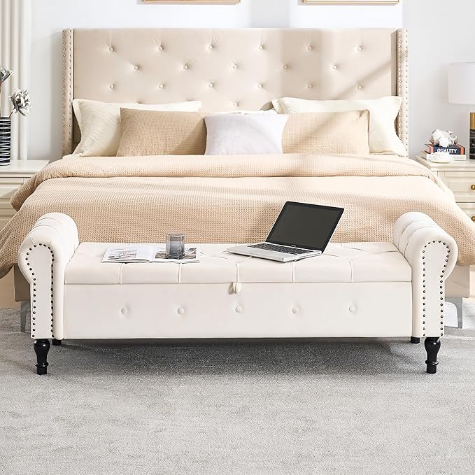 Storage Bench for Bedroom, Velvet 67" End of Bed Bench, King Size Bench