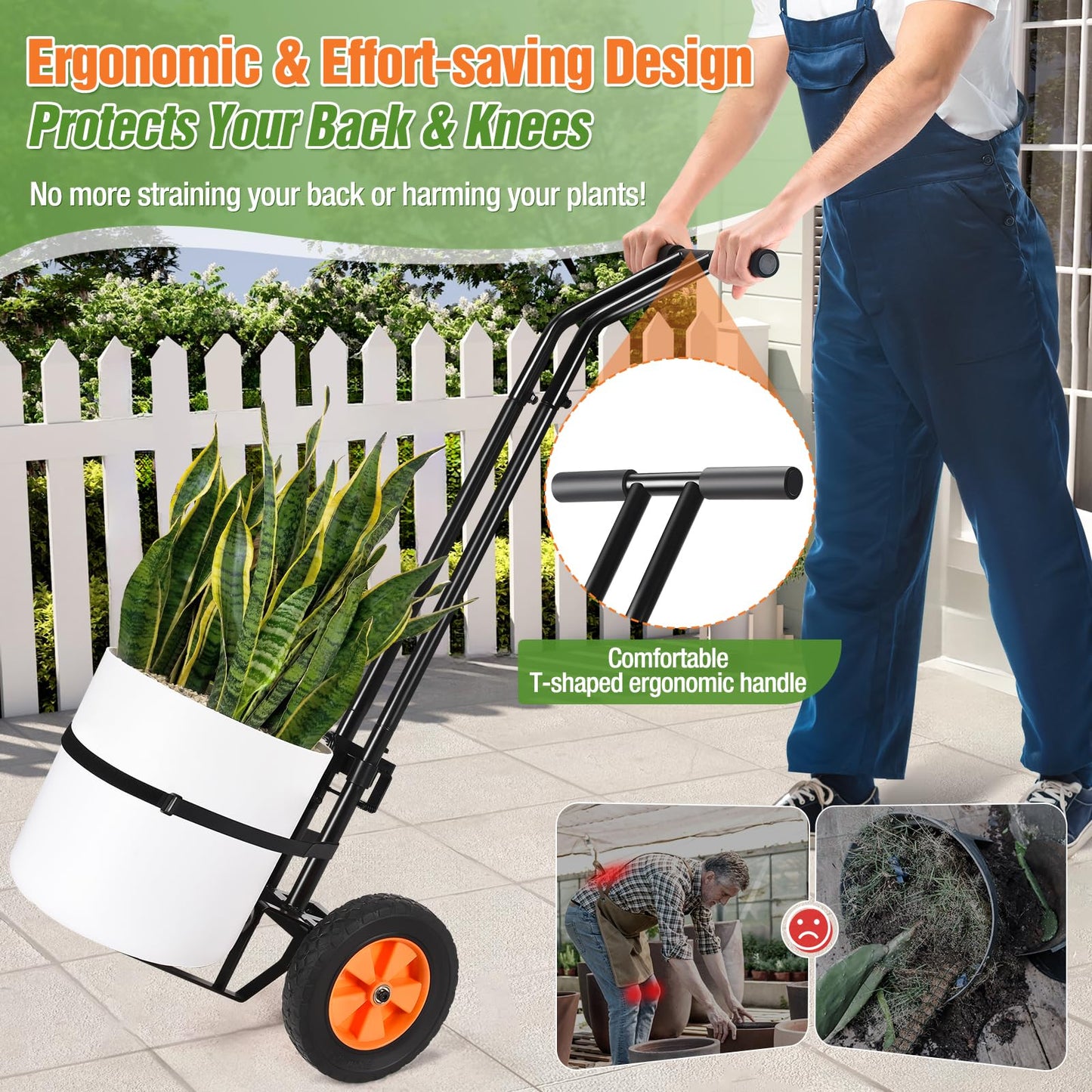 Plant Caddy with Wheels, Heavy Duty Plant Mover Cart with Adjustable Grabbing Arm and Strap, 175 LBS T-Handle Plant Dolly with Suction Cups for Plant Pots Garden Pot Trolley Indoor Outdoor Use, Black