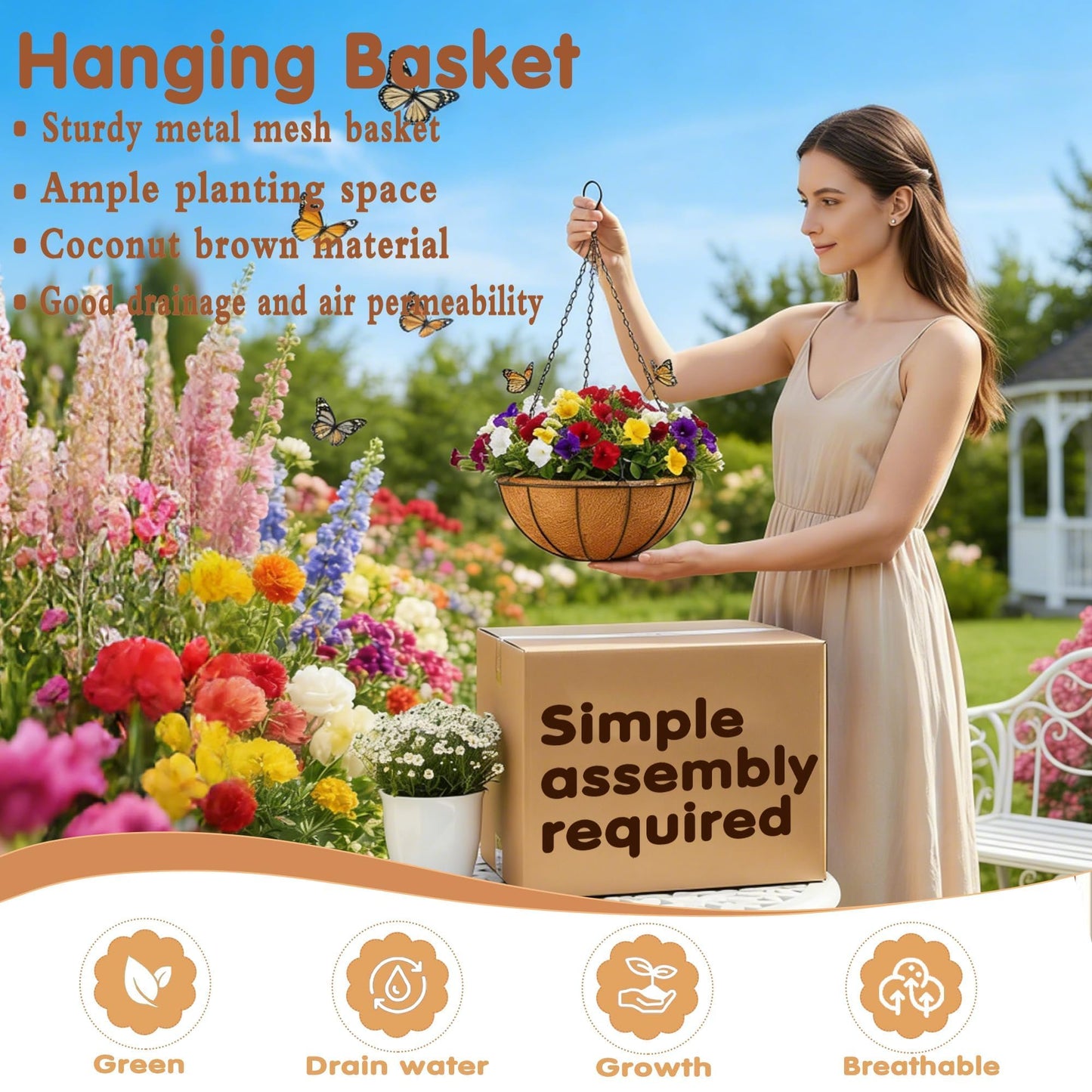 8 inch Metal Hanging Baskets For Plants Outdoor 4 Pack Round Metal Wire Hanging Basket Planter with Coco Fiber Liners Chain Round Wire Plant Holder for Garden, Patio, Deck, Porch Plants Flower Potss