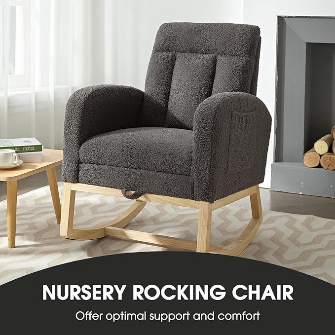 NIOIIKIT Modern Nursery Rocking Chair, Teddy Upholstered Rocking Chair