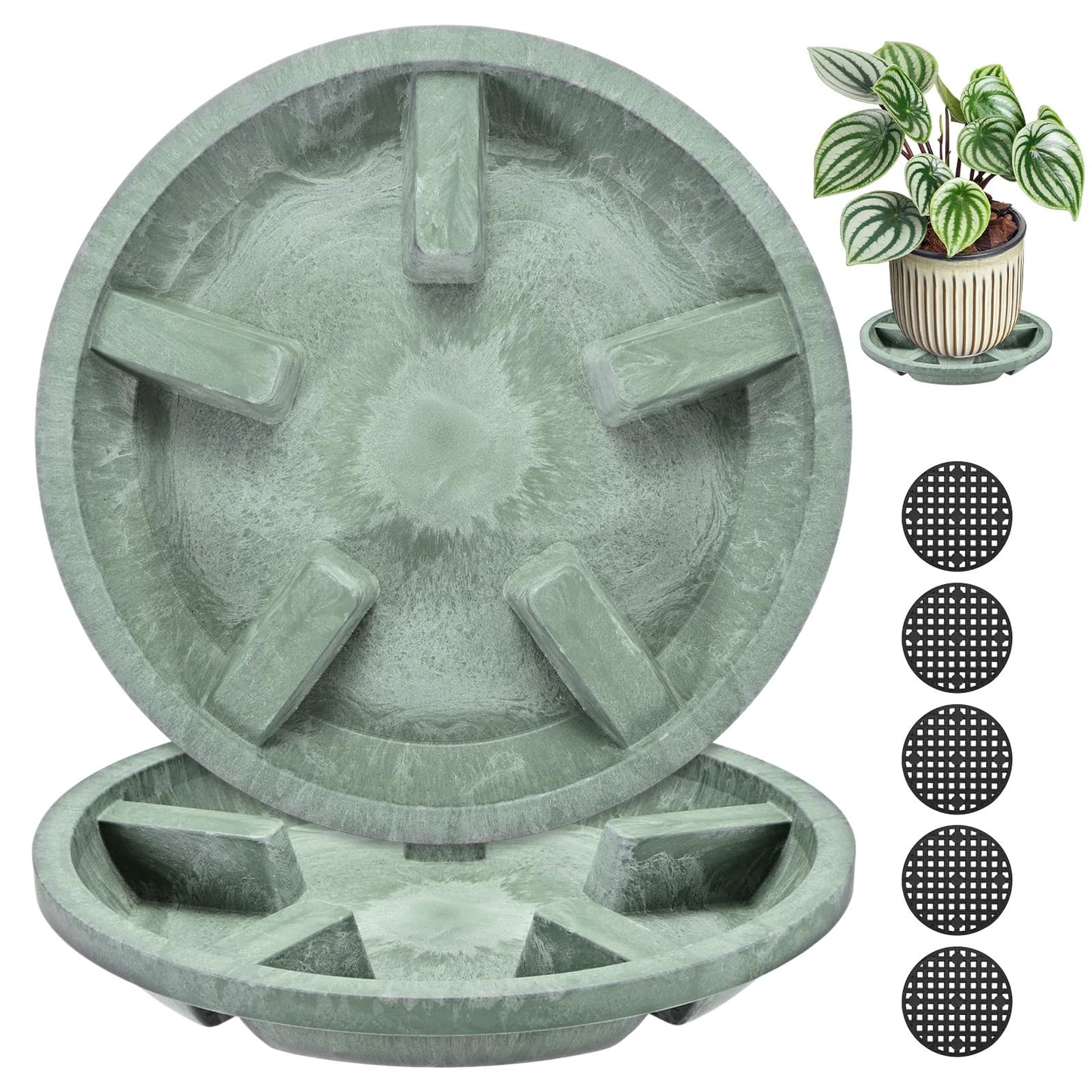 M METERXITY 2-Pack Plant Saucer, 6.3 Inch/16 cm Plastic Plant Trays Thicker for Pots/Indoor/Outdoor/Water Drainage and Protection, Flowerpot Drip Tray [Green Veins]