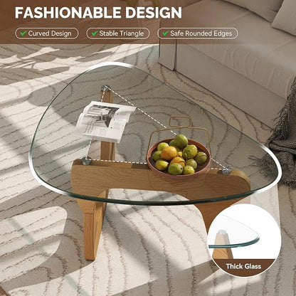 Modern Glass Coffee Table, Triangle Center Table with Tempered Glass Top& Unique Wooden Base, 35.5” Mid Century Tea Tables for Living Room, Apartment, Office,Wood &Transparent