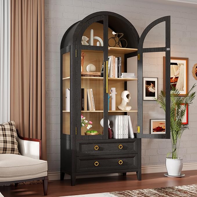 Arched Curio Cabinet with Glass Doors, 4-Tier Display Cabinet with 2 Drawers
