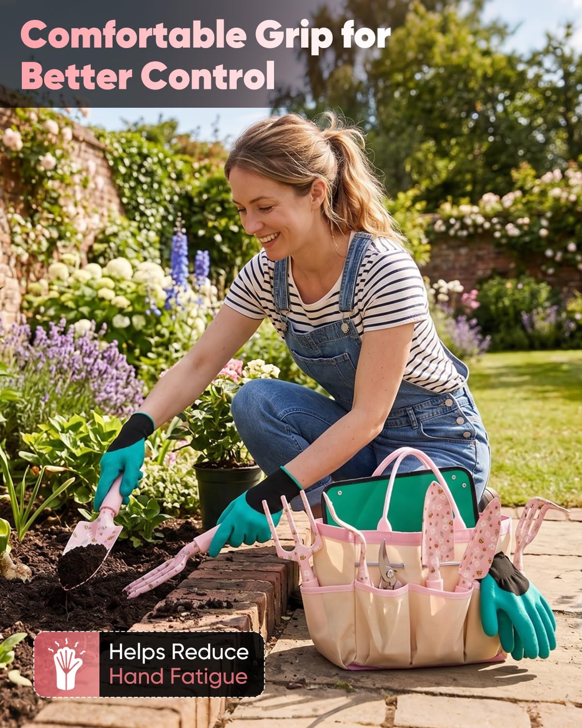 Garden Tool Set Gardening Tools - Heavy Duty Aluminum Tool Kit with Non-Slip Handle, Gardening Gloves and Tool Bag for Weeding, Planting and Pruning, Gifts for Women Mom (Pink Set)