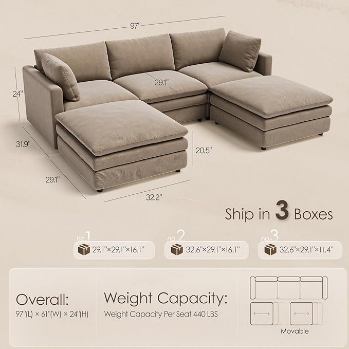 97" Cloud Couches for Living Room, 29.1" Deep Seat Modular Sectional Sofa