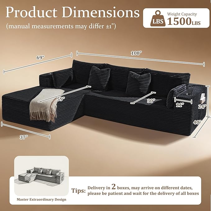108" Oversized Cloud Sectional Couch, Comfort L Shaped Boneless Couch