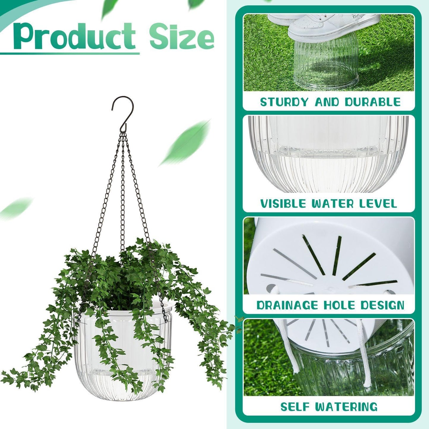 Meanplan 4 Pcs Self Watering Hanging Planter Indoor 6.5 Inch Hanging Baskets for Plants Outdoor Plastic Flower Pot with 3 Hooks Chains Drainage Holes for Garden Home, Medium Size(Clear)