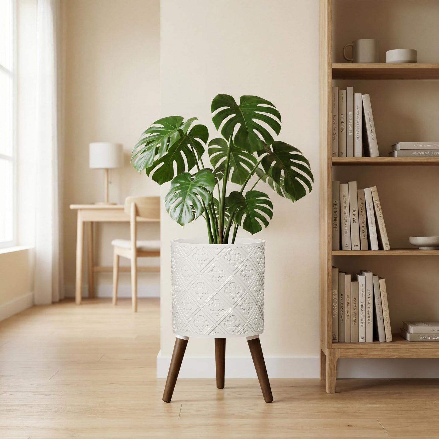 nacltlo 12 Inch Planter with Stand, Planter for Indoor Plants, Modern Large Flower Planter Pot with Drainage Holes for Outdoor,Matte White