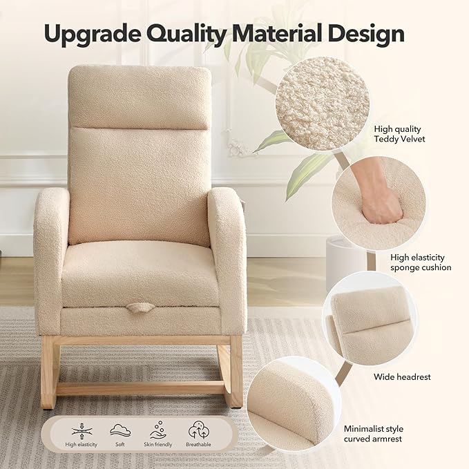 Nursery Rocking Chair with Foot Rest, High Back Upholstered Glider Rocker Chair
