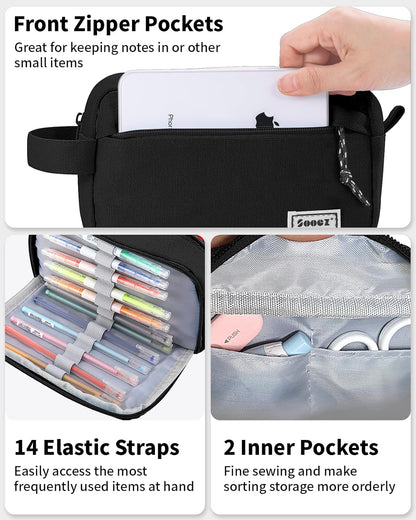 Sooez Big Capacity Pencil Case, Upgraded Canvas Pencil Pouch Large Pencil Bag Organizer, Separate Compartments Easy Grip Handle, Aesthetic Supply for School Teens Adults,Beige Pen Case