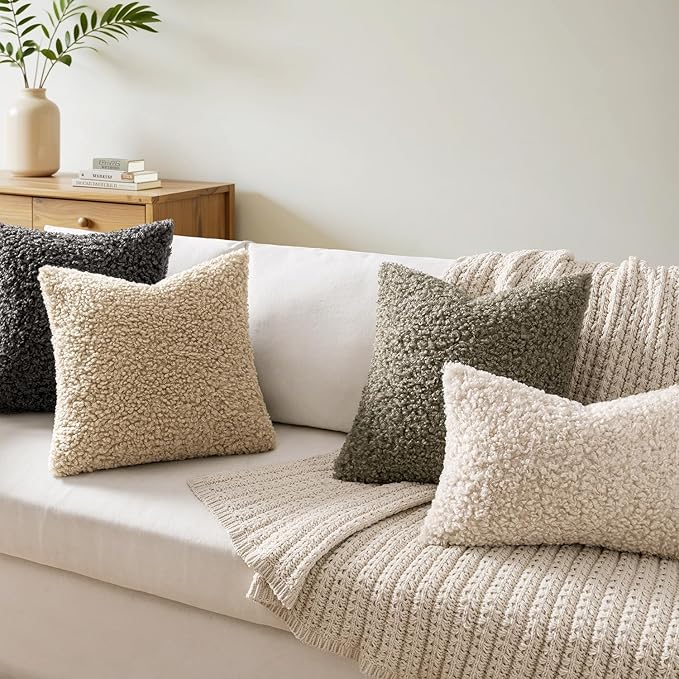 Faux Fur Throw Pillow Covers 20x20 Inch Set of 2 Boucle Neutral Decorative