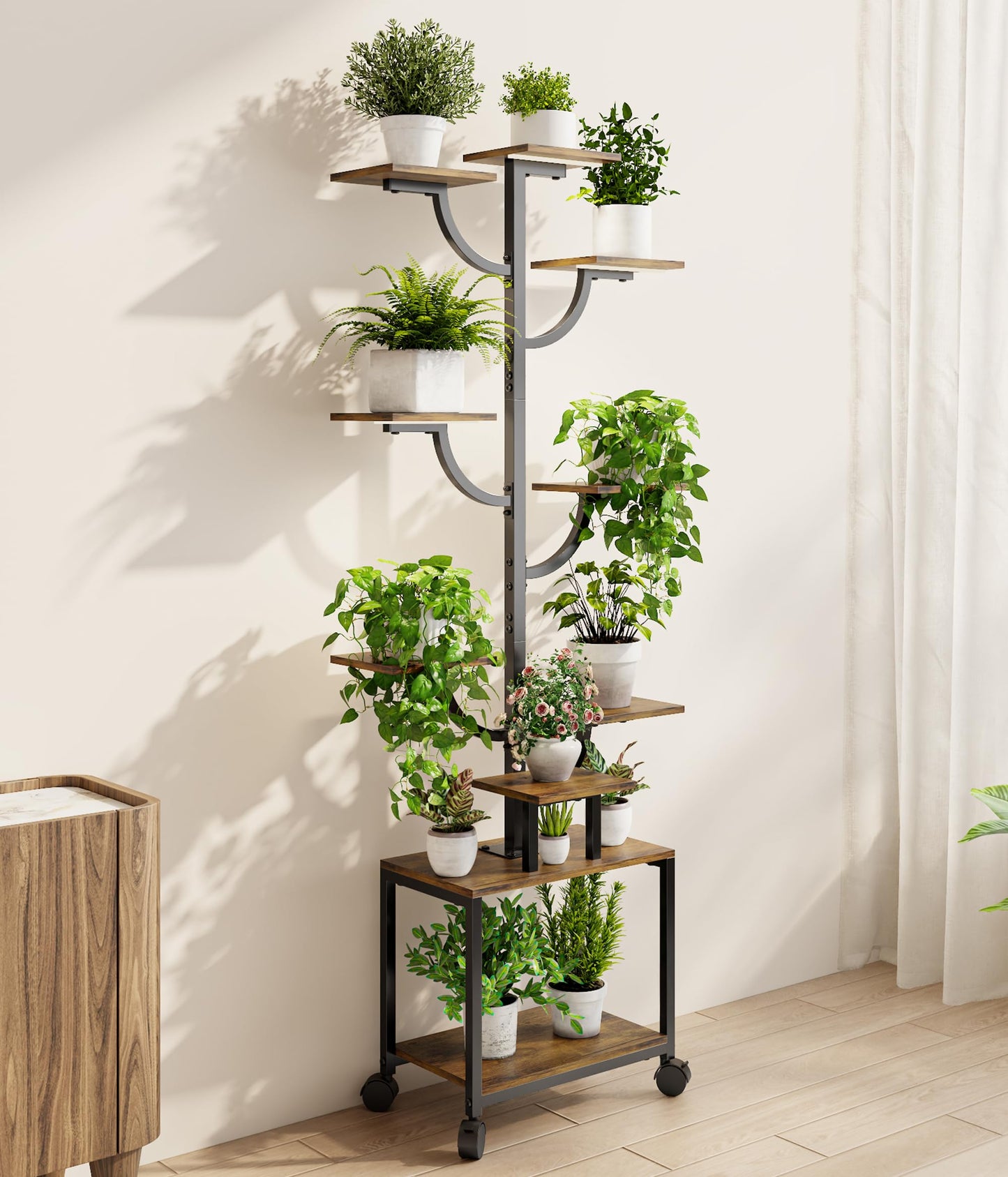 Plant Stand Indoor with Grow Lights - 9-Tier Plant Stand with Wheels, Tall Metal and Wood Indoor Plant Shelf with Tree Design, Rolling Flower Pot Holder Rack with Waterproof Finish, Adjustable Display Stand for Home Garden, Patio, 62" Tall