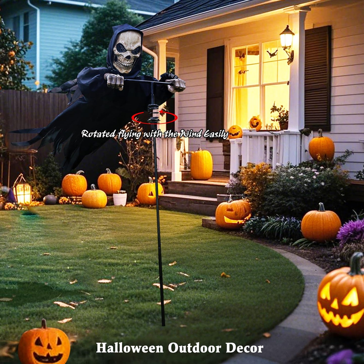LarpGears Outdoor Halloween Skeleton Decorations, 7.8Ft Flying Rotated Skull Reaper Ghost Scarecrow Decorations for Garden, Porch, Yard