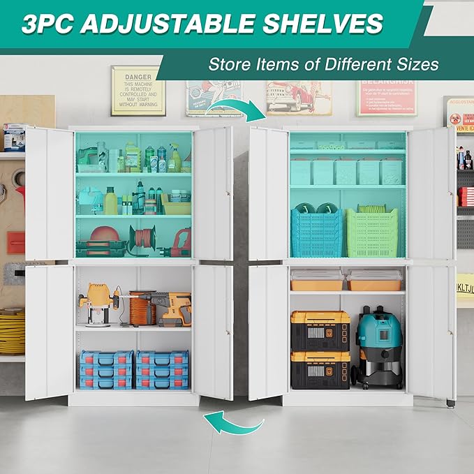 Metal Storage Cabinet with 3 Adjustable Shelves, Tall Steel Pantry Cabinets 4