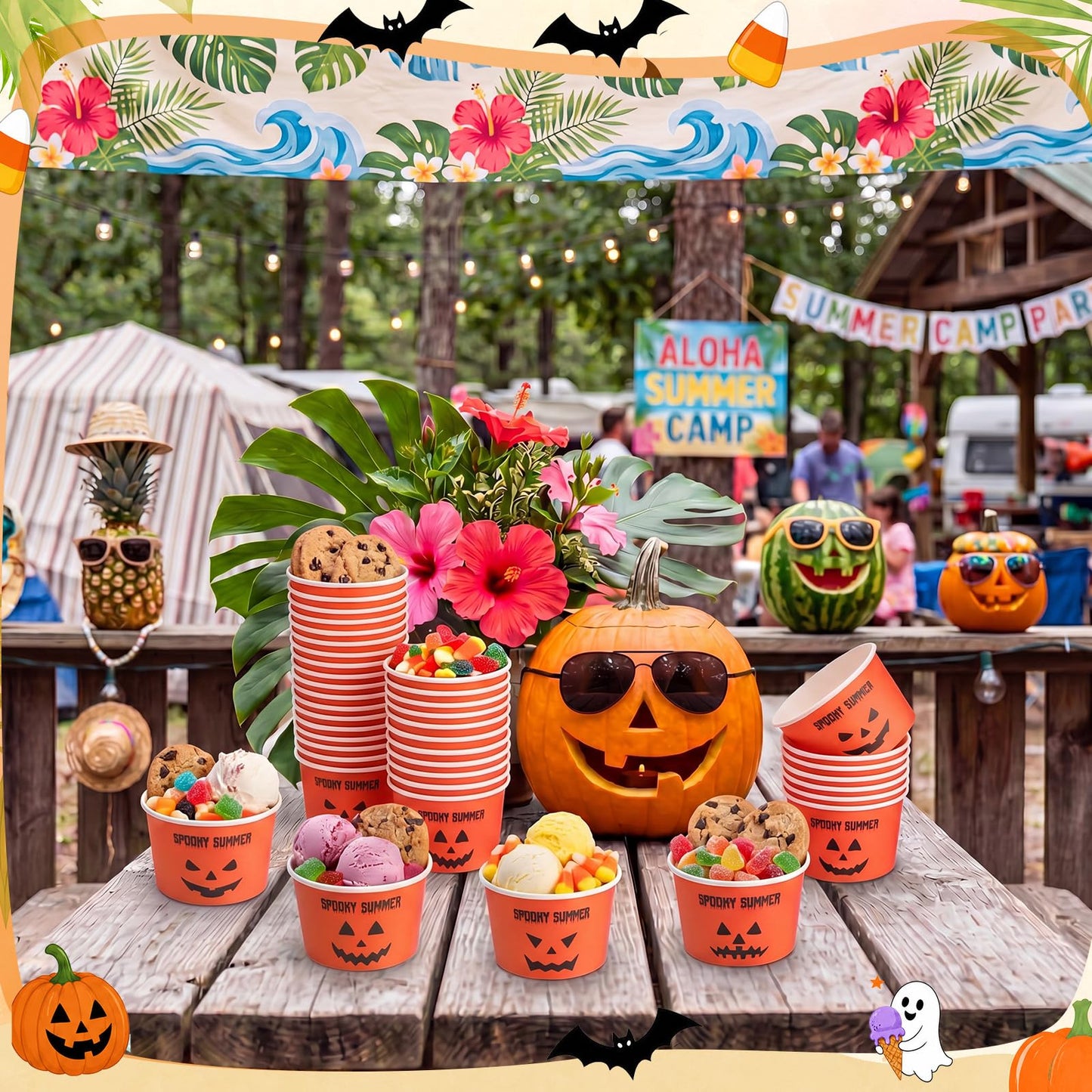 Jingmore 50 Count Summer Halloween Ice Cream Paper Cups Ghost Face Disposable Dessert Bowls Summer Halloween Cute Jack-o-lantern Treat Orange Cups for Hawaii Beach Party Supplies Sundae Yogurt Soup