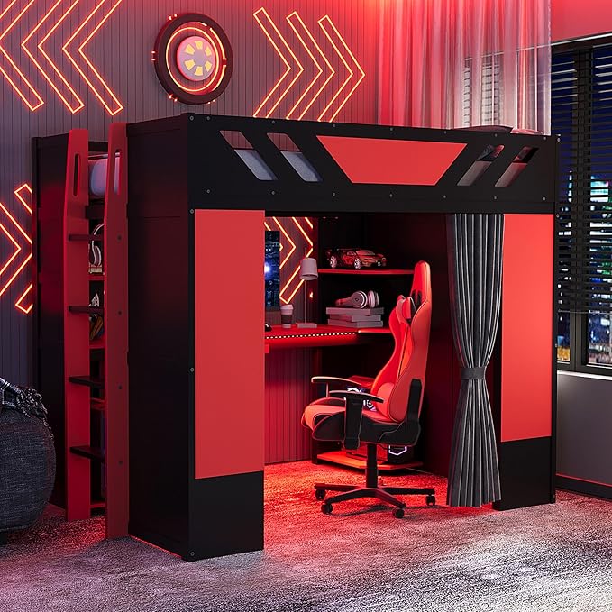 Full Size Wood Loft Bed with Built-in Workstation, Smart Storage, RGB Lighting