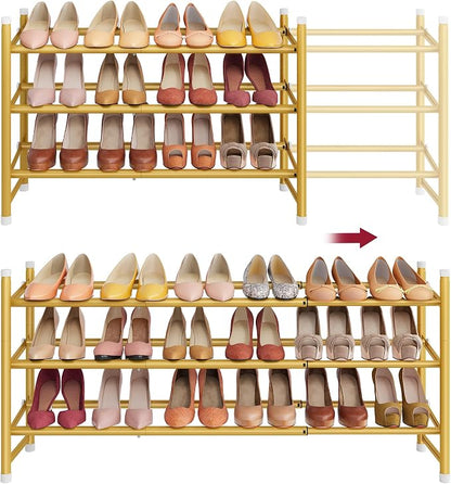 Tajsoon Expandable Shoe Rack for Closet 3 Tier, 28“-41“Adjustable & Stackable Shoe Shelf Storage, Metal Shoe Rack Organizer for Front Door Entrance, Closet, Garage, Entryway, Gold