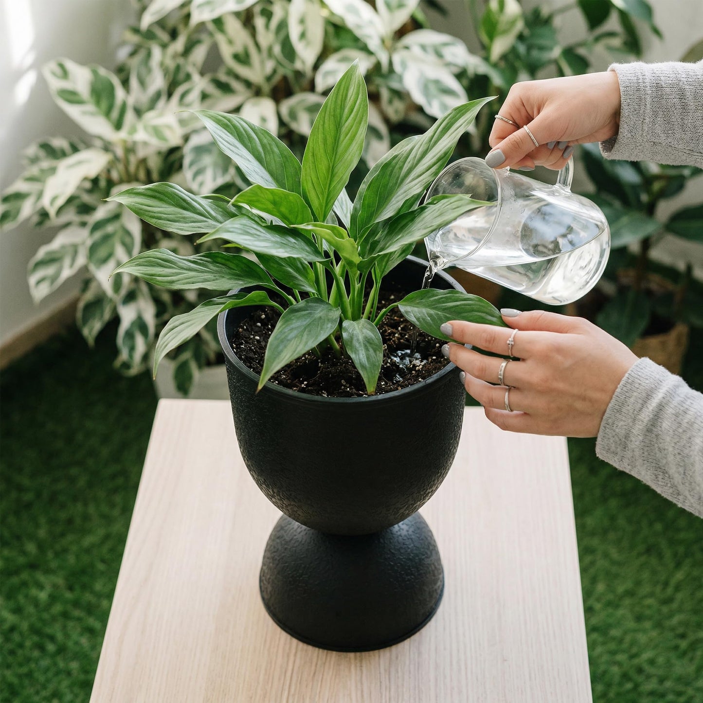 KOL Planters Flower Pots, Plastic Urn Planters for Indoor Outdoor Plants, Black Pedestal Planter Pots 2 Pack, 15 Inch Tall Decorative Planters with Drainage Holes & Plugs for Front Porch Patio Garden