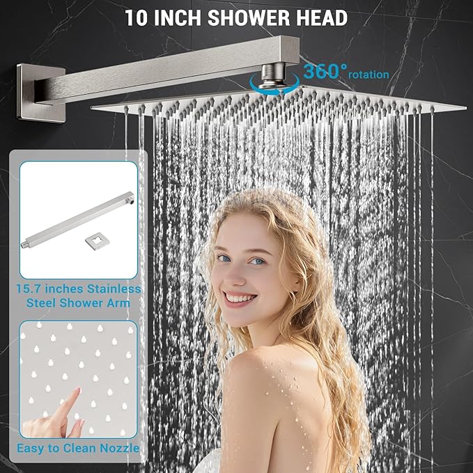 10" Rain Shower Faucet Set with Tub Spout, Brushed Nickel | Anti-scald cartridge, air tech boosts pressure 50%, 3-func diverter, NPT 1/2