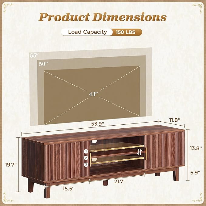 PRAISUN 54 Inch TV Stand for 50, 55 Inch TV, Fluted Entertainment Center