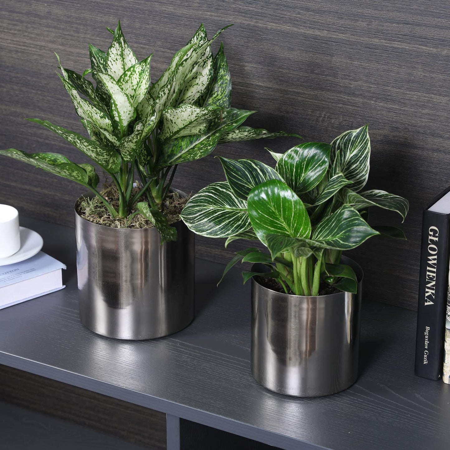 MyGift 5.2 and 6 Inch Round Handmade Shiny Silver Tone Metal Plant Pot Covers, Decorative Indoor Tabletop Houseplant Planter Containers, 2 Piece Set - Handcrafted in India