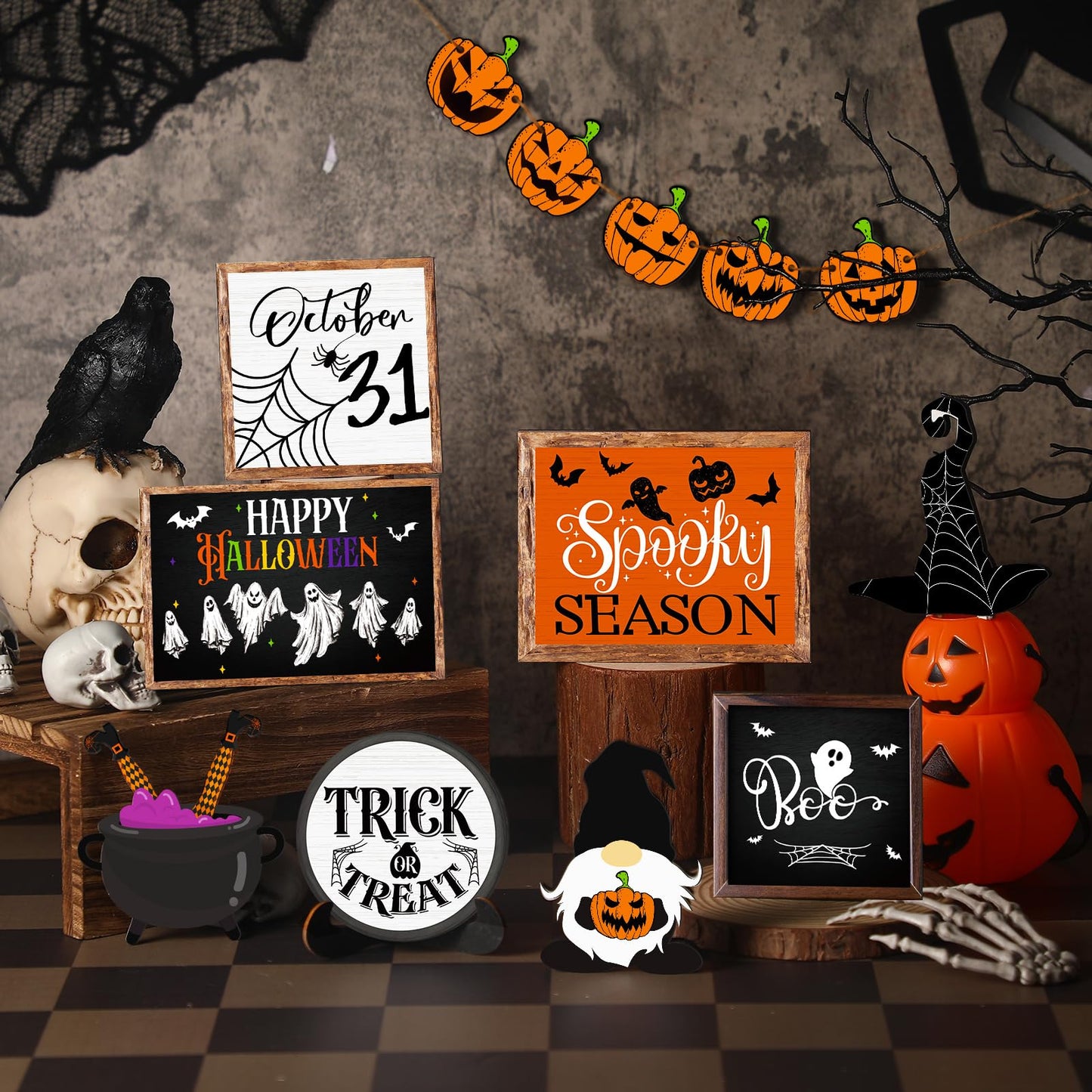 14 Pcs Halloween Tiered Tray Decor Set Cute Halloween Wooden Signs Rustic Pumpkin Farmhouse Gnomes Boo Wizard Trick or Treat Blocks Table Sign for Party Favors