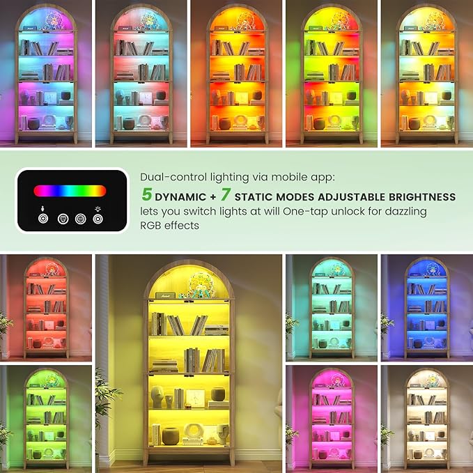HNEBC Arched Display Case with RGB Lights, LED Curio Cabinet with Shelf