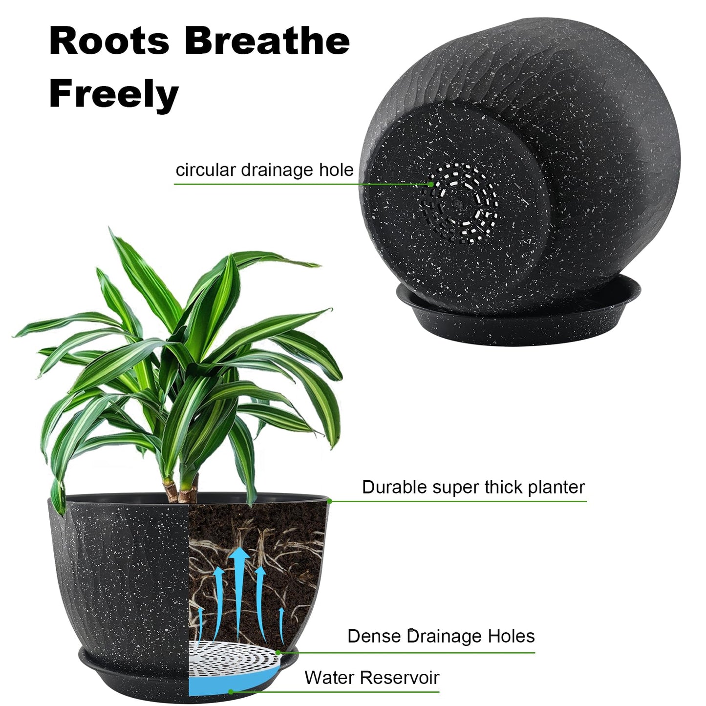 GDJUQZ 12/10/9 inch Plant Pots, 3 Pack Flower Pots for Outdoor Indoor Garden Plants, Large Planters with Multi Mesh Drainage Holes and Saucer (Speckled Black, 12"+10"+9")