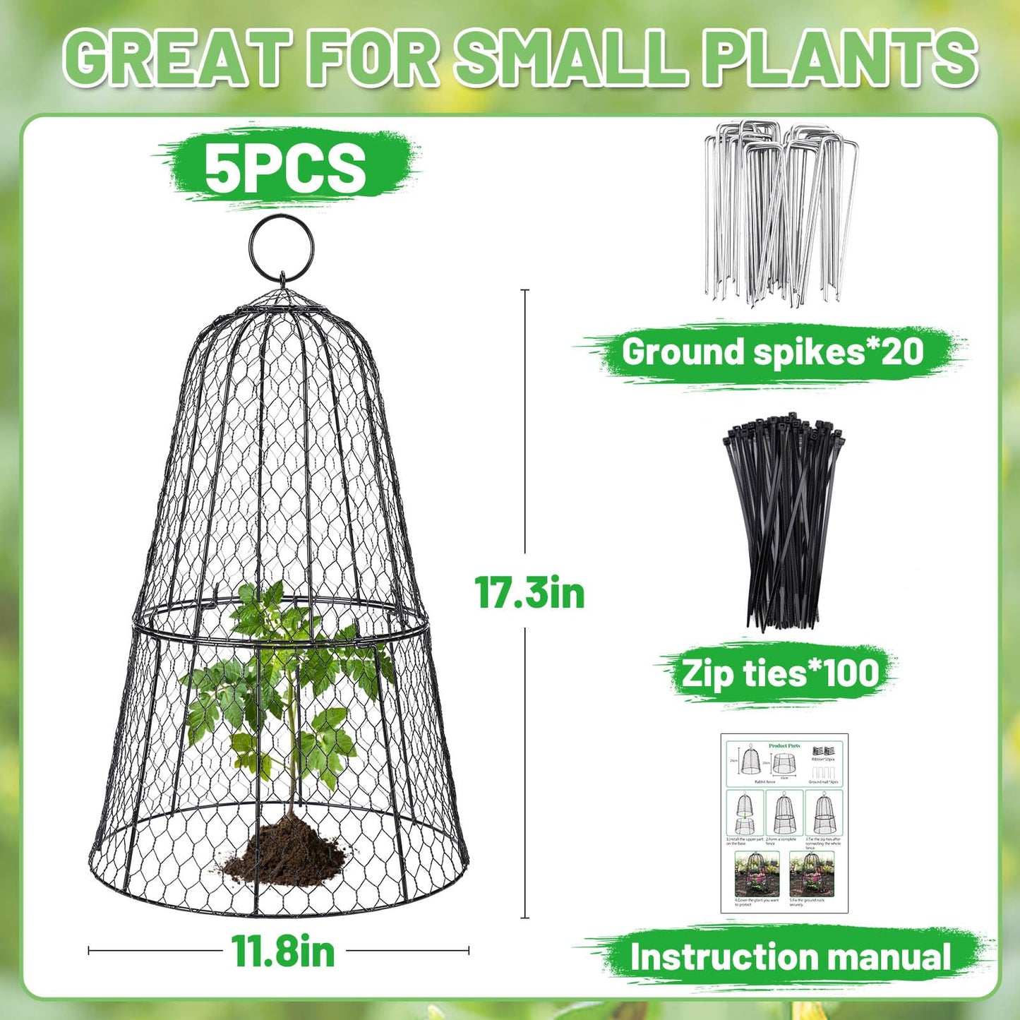 Cloche Plant Protectors from Animals - 17.3"Hx11.8"D Chicken Wire Plant Covers with Removable Flip-Top Design, Rustproof Metal Garden Cloches Keep Rabbits, Squirrels, Deers, Birds Out - 5 Pack