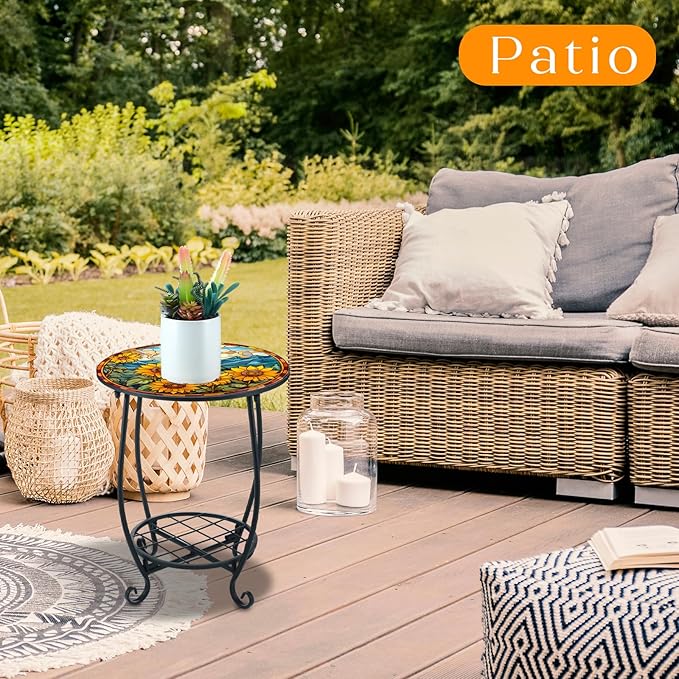 Cinnvoice Outdoor Side Table Round Small Mosaic Patio Accent Indoor End Plant