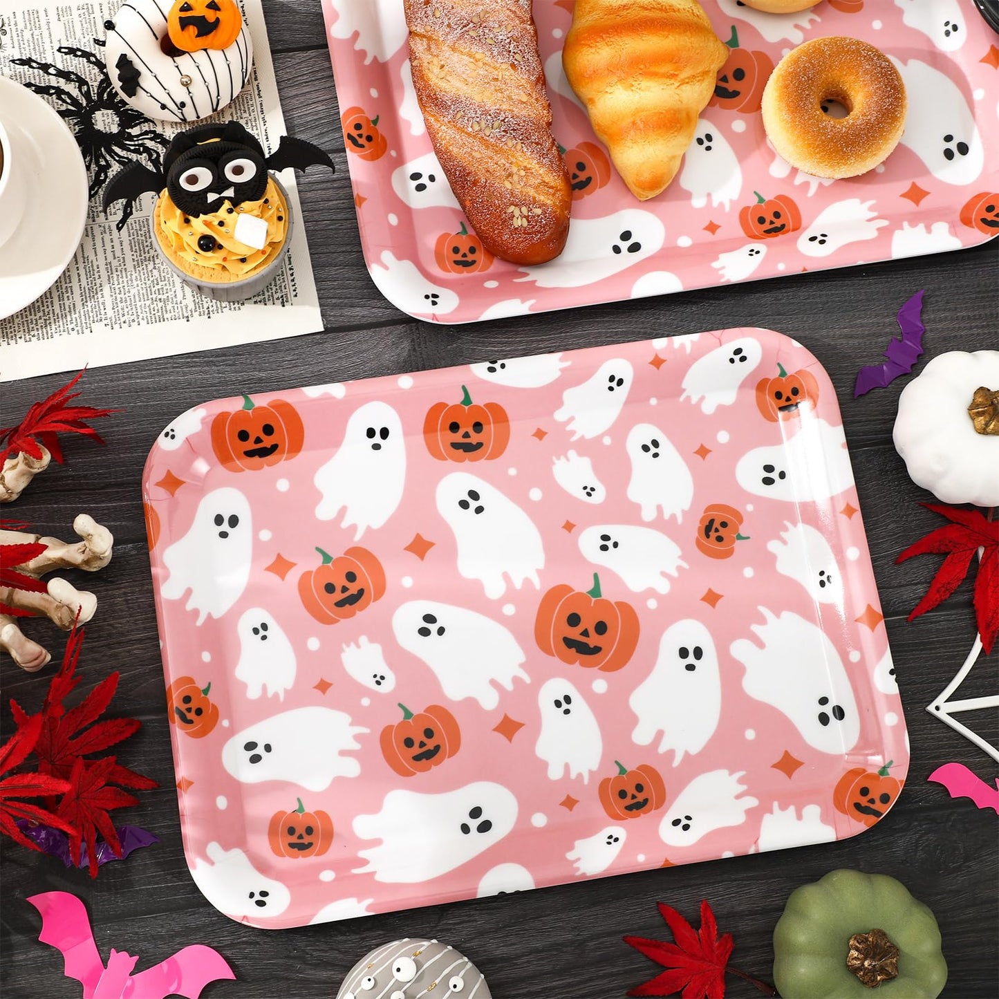 Whaline 3 Pcs Halloween Serving Trays Reusable Serving Platters Pink Boo Ghost Pumpkin Food Snack Trays for Birthday Party Baby Shower Supplies, 10 x 13 Inch