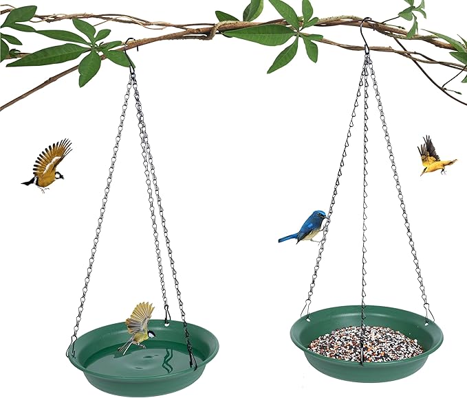 VUWEZ Hanging Bird Feeder & BirdBath for Outdoors, Wild Bird Feeders Tray, Hanging Birdbaths Trays for Outside, Cardinal, Blue Jay, Crow, Birdfeeders Outside (12", 1 Pcs with Hole & 1 Pcs No Hole)