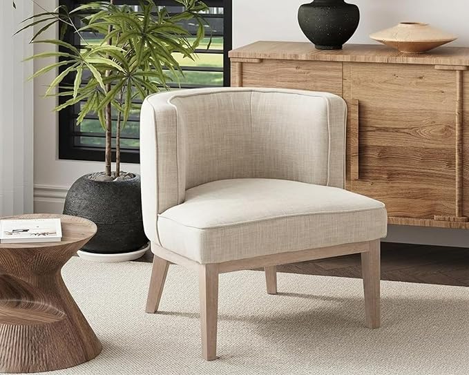 Beige Barrel Chair with Solid Wood Frame, Small Round Accent Chair, Comfy Linen