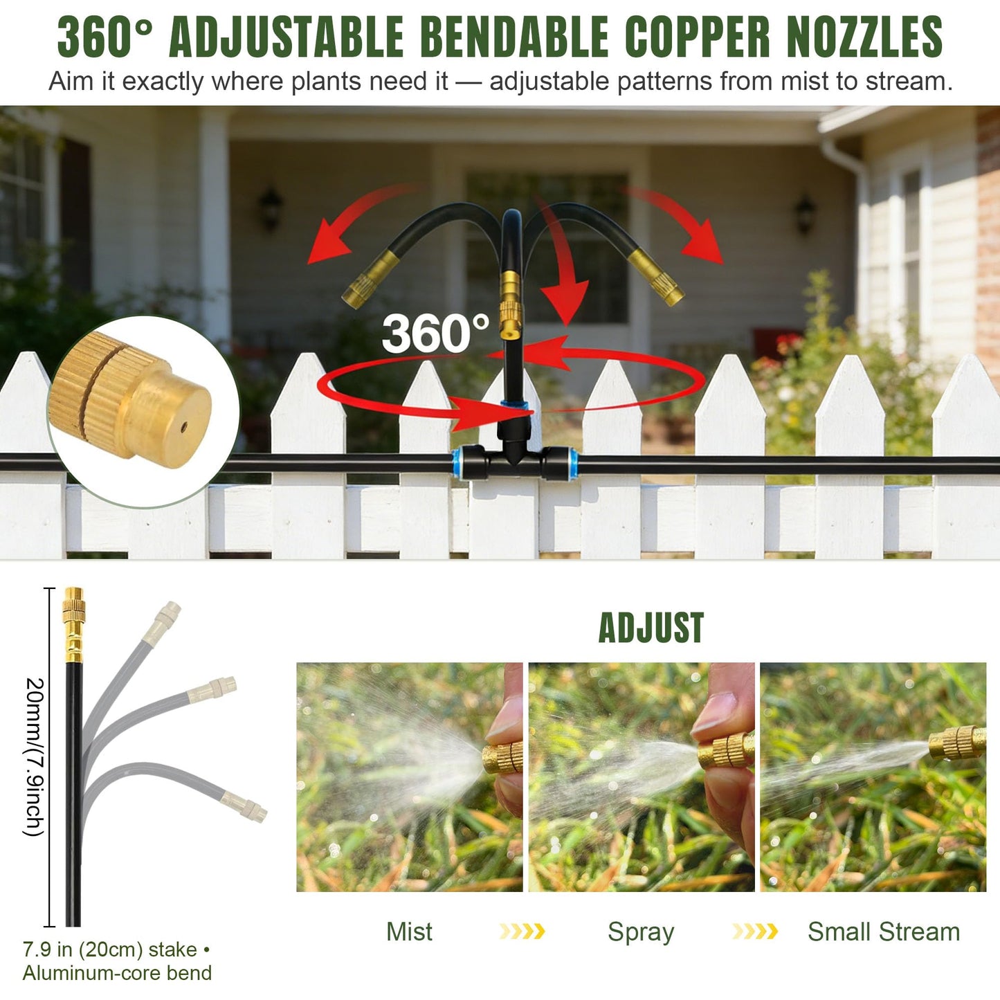 100FT Drip Irrigation System Kit Dual-Zone Garden Atomizing Watering System with 30 Copper 360° Adjustable Bendable Nozzles,Y-Splitter, Leak-Proof 1/4" Misting System for Garden Greenhouse Raised Beds