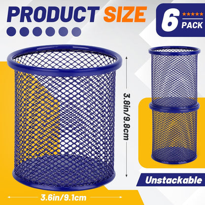 Segarty Pen Cup, 6 Pack Round Cute Dark Blue Pen Holder for Desk, Wire Mesh Pencil Holder Container Set, Desktop Organizer for Office Supplies, Maker, School, Home Storage, Makeup Brush