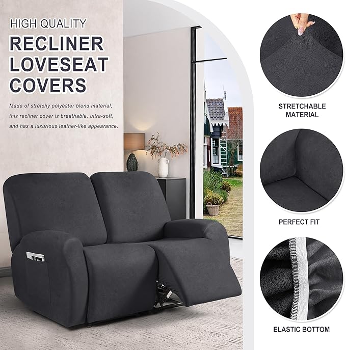 ANARACHON Leather Look Loveseat Recliner Cover, 6-Pieces Stretch Dual Recliner