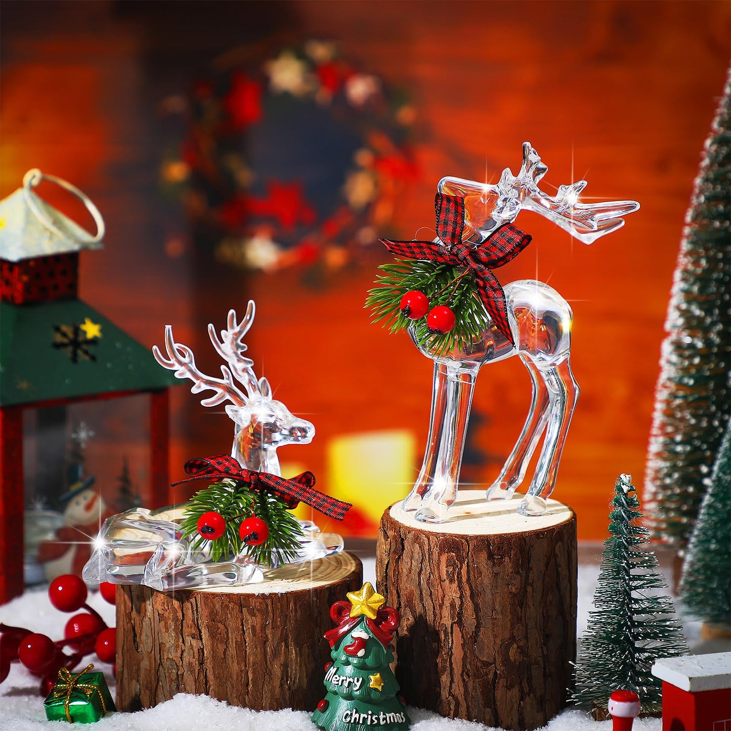 Bucherry 2 Pcs Christmas Reindeer Figurines Decoration Acrylic Deer Decor Christmas Holiday Reindeer Figurine Statues with Red Berries Bow Home Xmas Deer Decor Holiday Party Supplies(Classic Style)