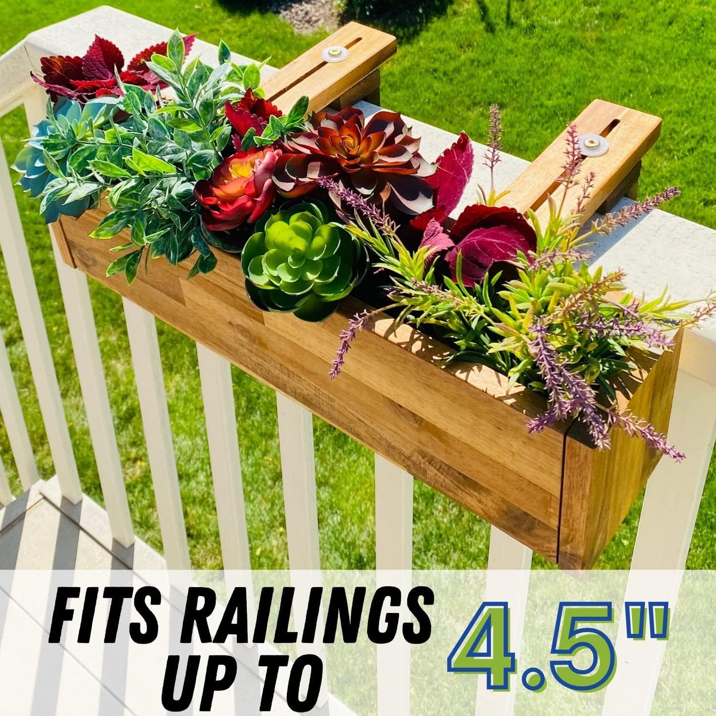 Patio Wise Acacia Wood Railing Planter Box, Outdoor Hanging Flower, Plant, & Herb Boxes, 20-Inch Wide x 5-Inch Tall x 4.5-Inch Deep Rectangular Porch, Deck, & Balcony Planters, Teak Color