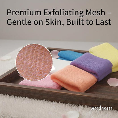 ARCH&M Exfoliating Washcloth, Korean & Japanese Style, 3 Pack | Orange Purple Navy-Blue, Nylon Back Scrubber, Daily Use Deep Clean & Smooth Skin, More Hygienic Than Loofah