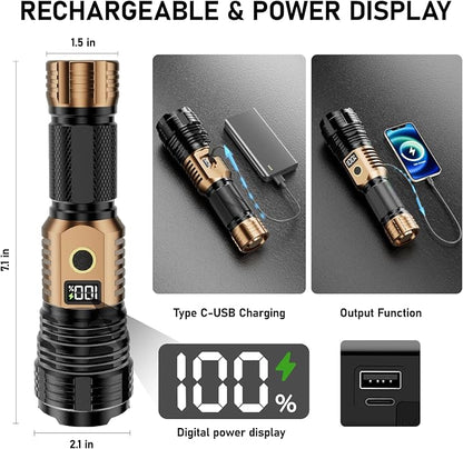 Flashlights High Lumens Rechargeable, 100,000LM LED Super Bright Flash Light, Zoomable Linternas with LCD Digital Display, 5 Mode, Waterproof, Powerful Tactical Flashlight for Emergencies Camping Gift