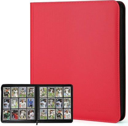 12-Pocket Business Card Binder holds 720 Cards, Premium Diamond Texture PU Leather Name Card Holder Organizer with Zipper, Black Sleeves Side Loading Card Book for Collectors & Office(red)