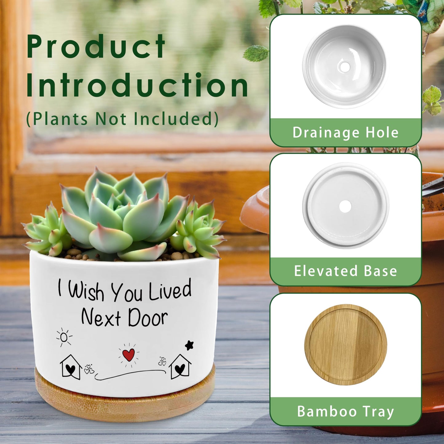 ROXMART I Wish You Lived Next Door Gifts Plant Pots, Friendship Gifts for Women Succulent Planters, Gift for Best Friend Ceramic Plant Flower Pots for Home Office Desk Table Shelf(No Plants)