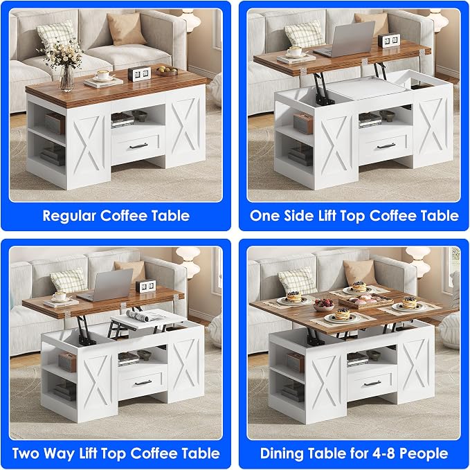 kepptory 39.4'' Lift Top Coffee Table with Storage, 4 in 1 Multi-Function Convertible Coffee Tables for Living Room, Farmhouse Coffee Table with Open Storage Compartment & Drawers (Brown&White)