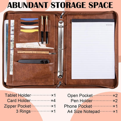 Calfinder Personalized Padfolios Portfolio Binder,3 Ring Leather Binder with Zipper,Professional Padfolios for Women&Men, Business Portfolio Organizer for Resume, Leather Folder for Ipad