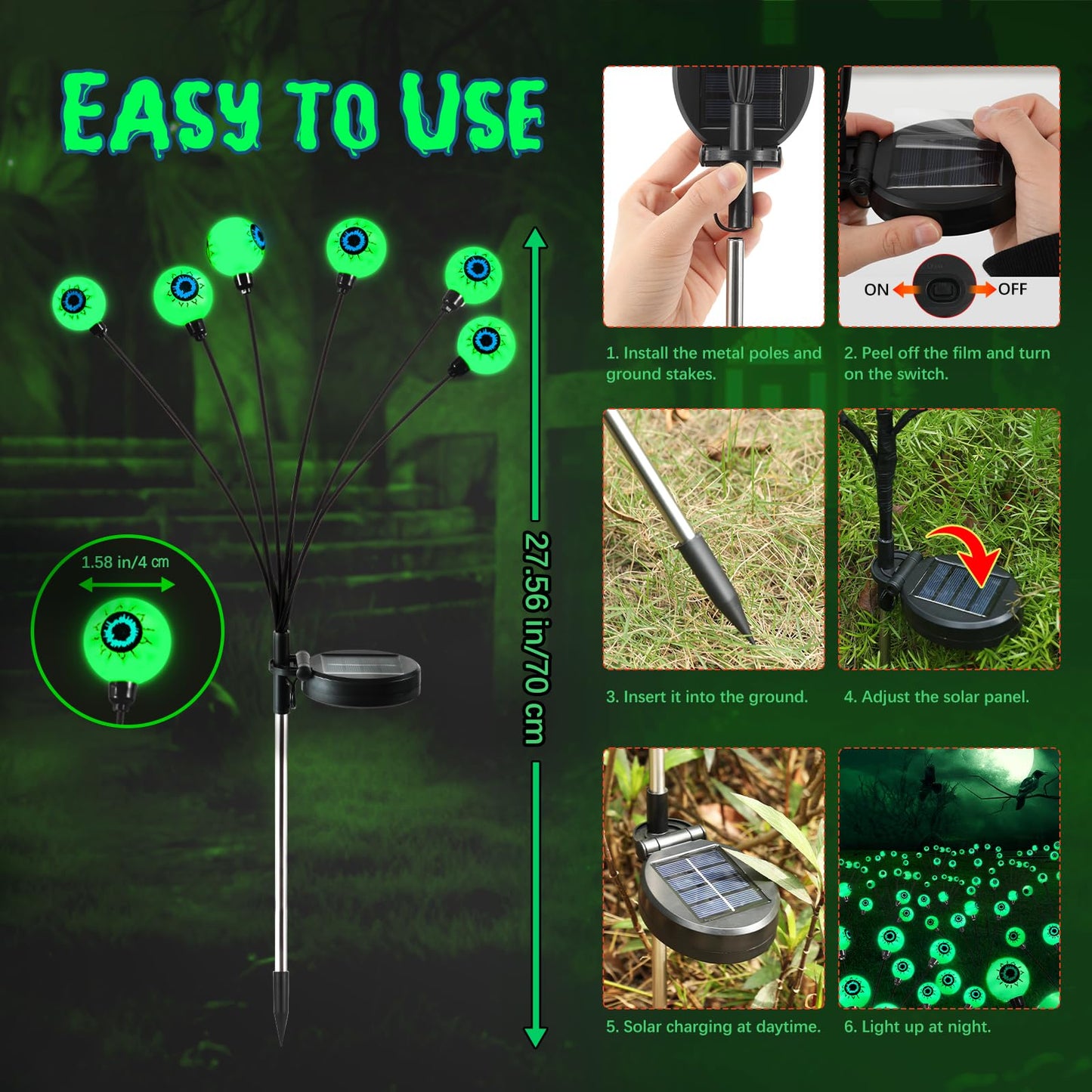 Lewondr Halloween Decorations Outdoor Eyeball Lights, 6 Pack Solar Garden Lights with 2 Modes, Waterproof Firefly Lamps Swaying by Wind for Yard, Pathway, Lawn, Patio, Party, Green