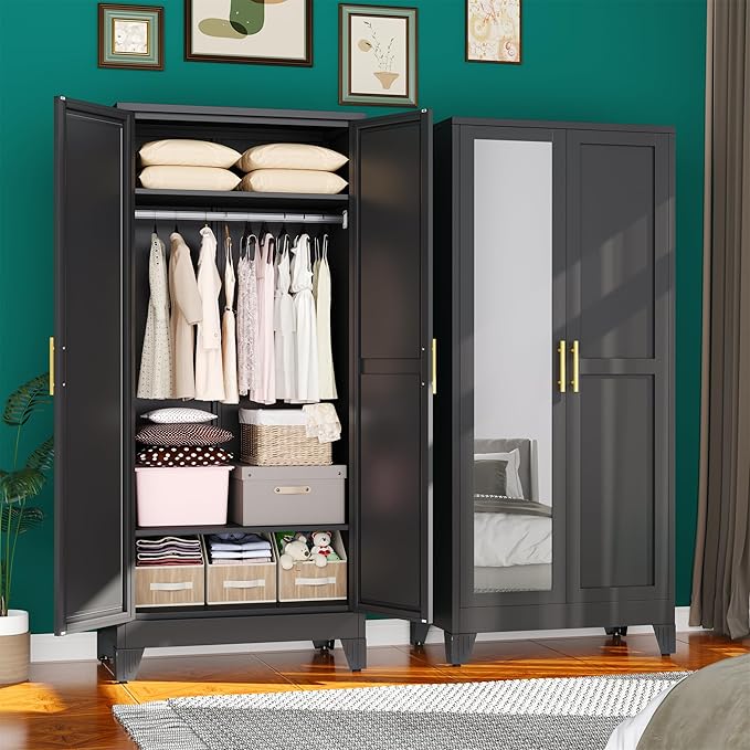 71" Metal Armoire Wardrobe Closet, Steel Clothing Storage Cabinet