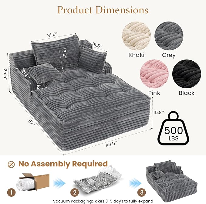 Boneless Chaise Lounge Couch Indoor, Oversized Corduroy Upholstered Sofa Bed